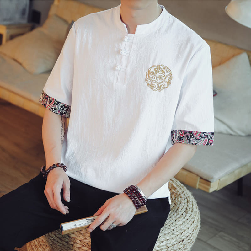 Nimara Ritual Frog-Button Dragon Embroidery Chinese Tang Suit Short Sleeve Shirt Men Clothing