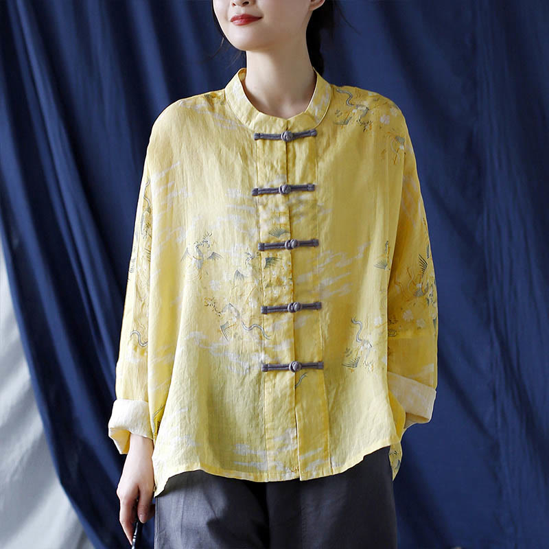 Nimara Ritual Yellow Phoenix Print Frog-button Design Long Sleeve Ramie Linen Jacket Shirt