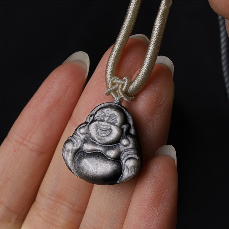 Nimara Ritual Natural Silver Sheen Obsidian Laughing Buddha Protection Necklace Pendant