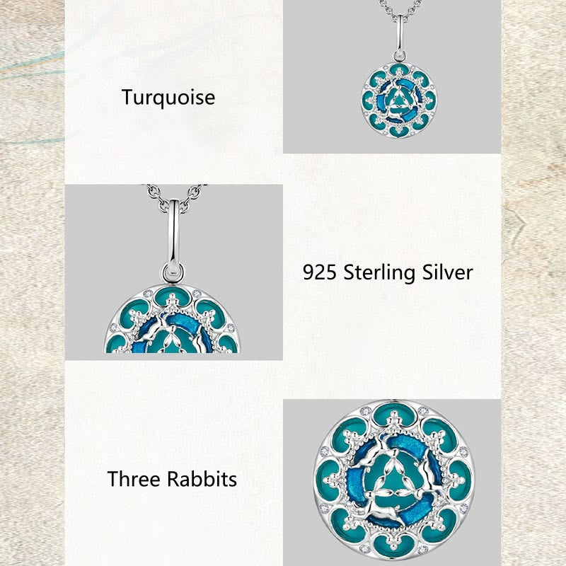 Nimara Ritual 925 Sterling Silver Round Turquoise Three Rabbits Balance Necklace Pendant