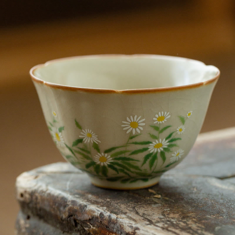 Nimara Ritual Peach Blossom Daisy Flower Ceramic Teacup Kung Fu Tea Cups