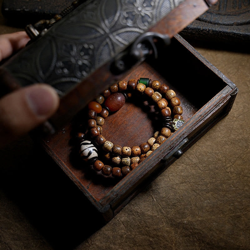 Nimara Ritual Tibetan Bodhi Seed Amber Dzi Bead Agate Zakiram Goddess of Wealth Beads Triple Wrap Bracelet