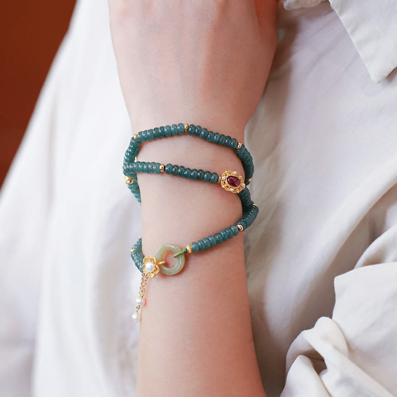 Nimara Ritual 925 Sterling Silver Gold Plated Cyan Jade Flower Peace Buckle Success Triple Wrap Bracelet