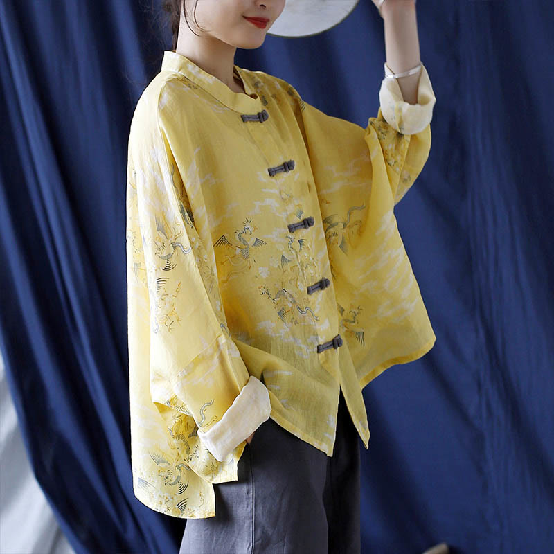 Nimara Ritual Yellow Phoenix Print Frog-button Design Long Sleeve Ramie Linen Jacket Shirt