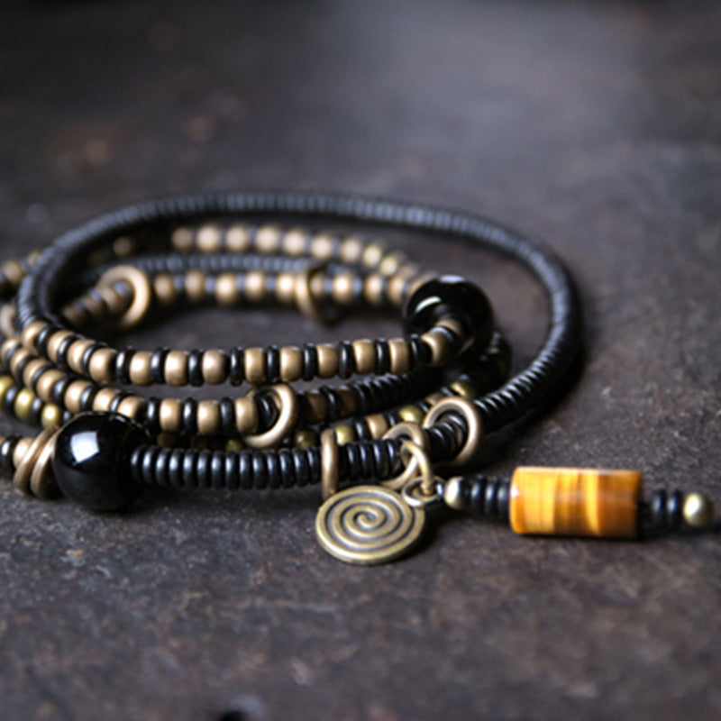 Nimara Ritual Ebony Wood Dzi Bead Copper Peace Couple Bracelet Necklace Pendant