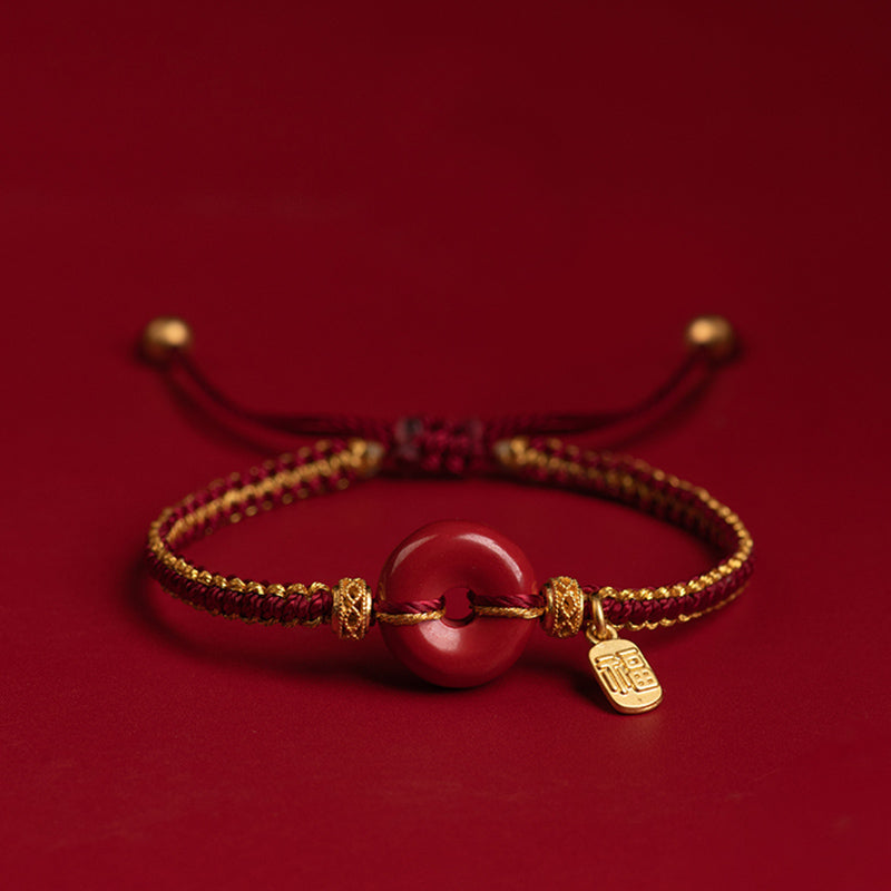 Nimara Ritual Natural Cinnabar Peace Buckle Fu Character Charm Blessing Braided Bracelet
