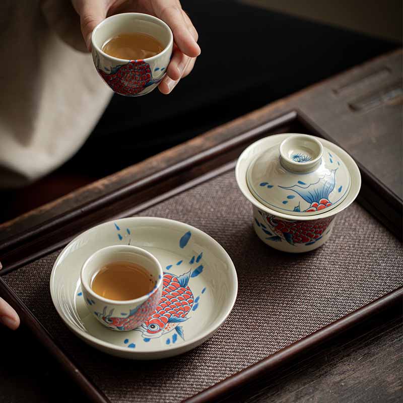 Nimara Ritual Koi Fish Arowana Ceramic Gaiwan Sancai Teacup Kung Fu Tea Cup With Lid 130ml