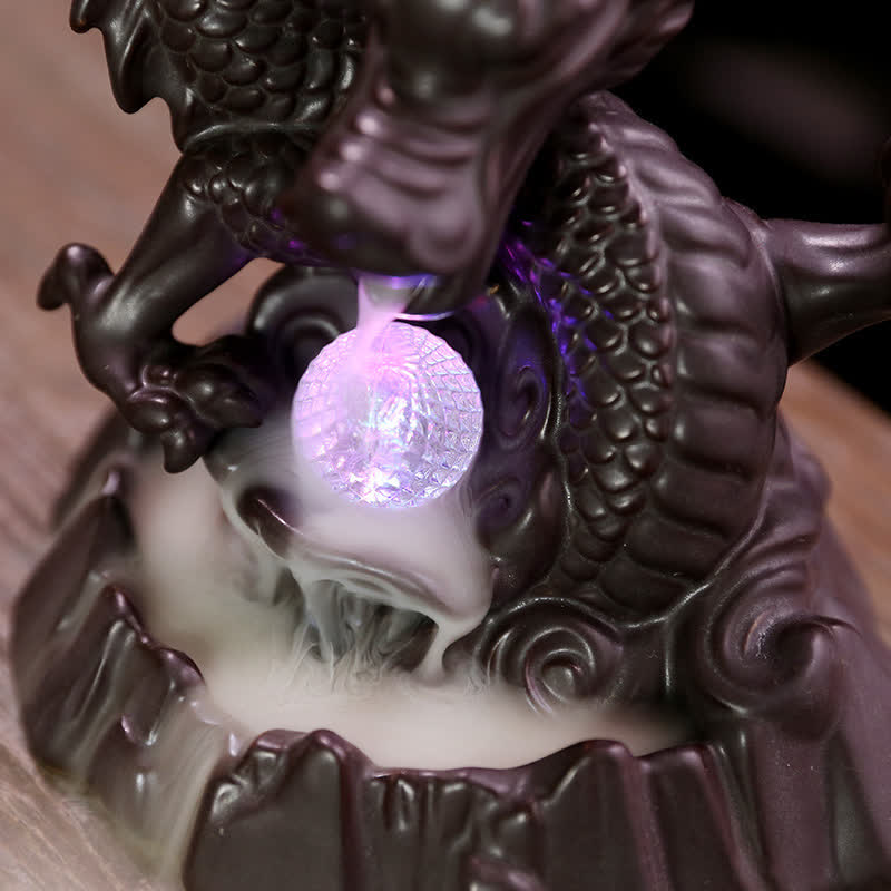 Nimara Ritual Auspicious Dragon Ceramic Backflow Smoke Fountain Meditation Healing Incense Burner Led Ball Decoration