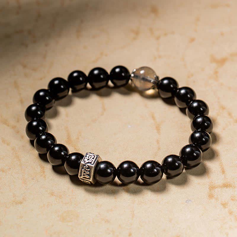 Nimara Ritual Chinese Zodiac Natal Buddha 925 Sterling Silver Black Obsidian Moonstone Strength Bracelet