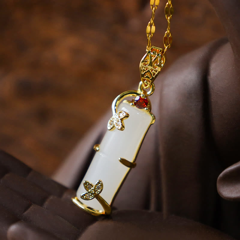 Nimara Ritual White Jade Cyan Jade Bamboo Luck Protection Necklace Pendant