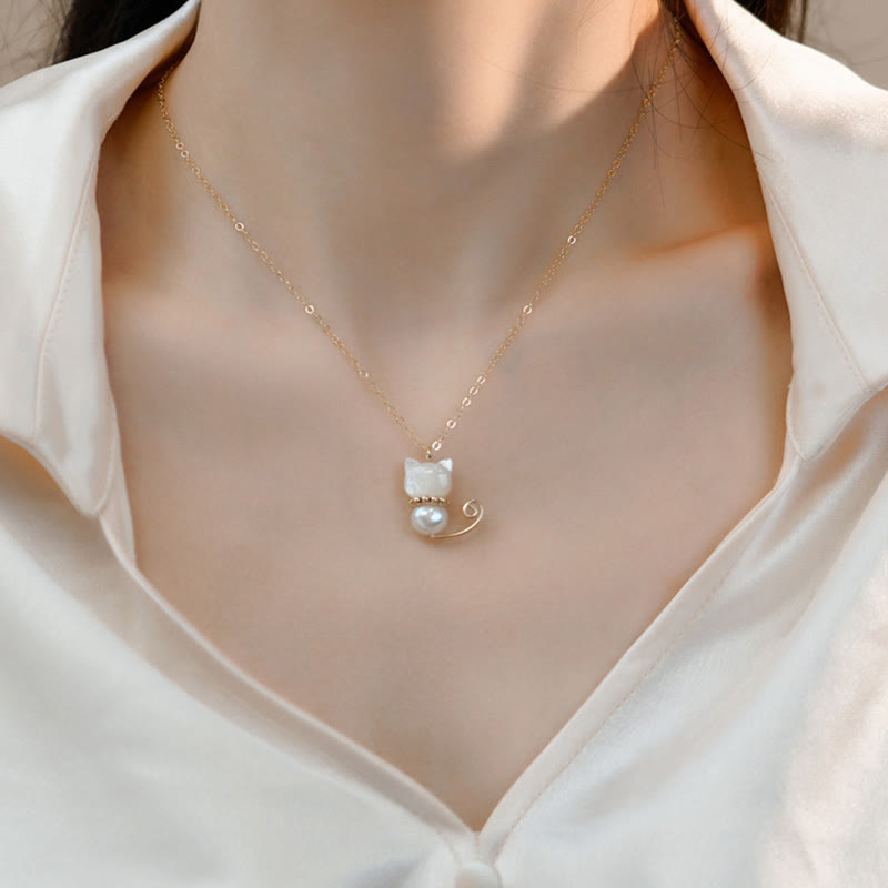 Nimara Ritual 14K Gold Plated Pearl Hetian Jade Shell Luck Cat Kitten Necklace Pendant