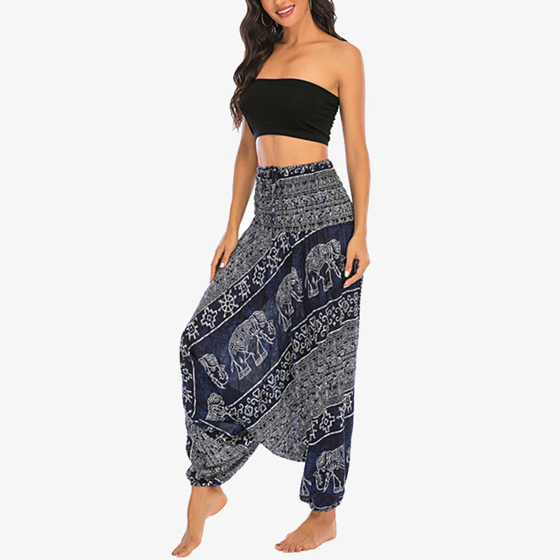 Nimara Ritual Two Style Wear Elephant Pattern Loose Smocked Harem Trousers Jumpsuit Women's Yoga Pants