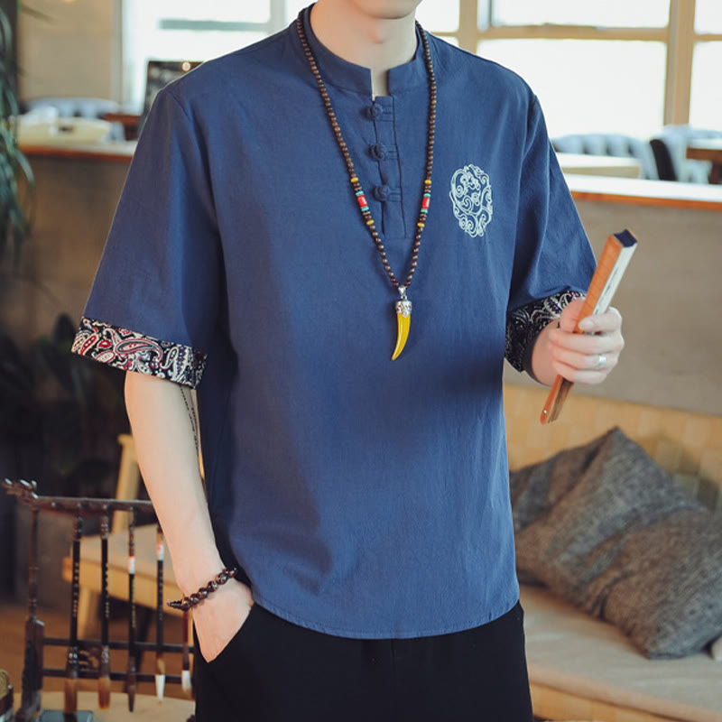 Nimara Ritual Frog-Button Dragon Embroidery Chinese Tang Suit Short Sleeve Shirt Men Clothing