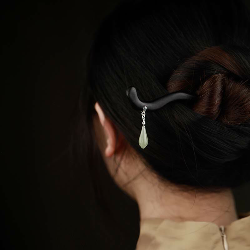 Nimara Ritual 925 Sterling Silver Natural Hetian Jade Ebony Wood Luck Charm Hairpin