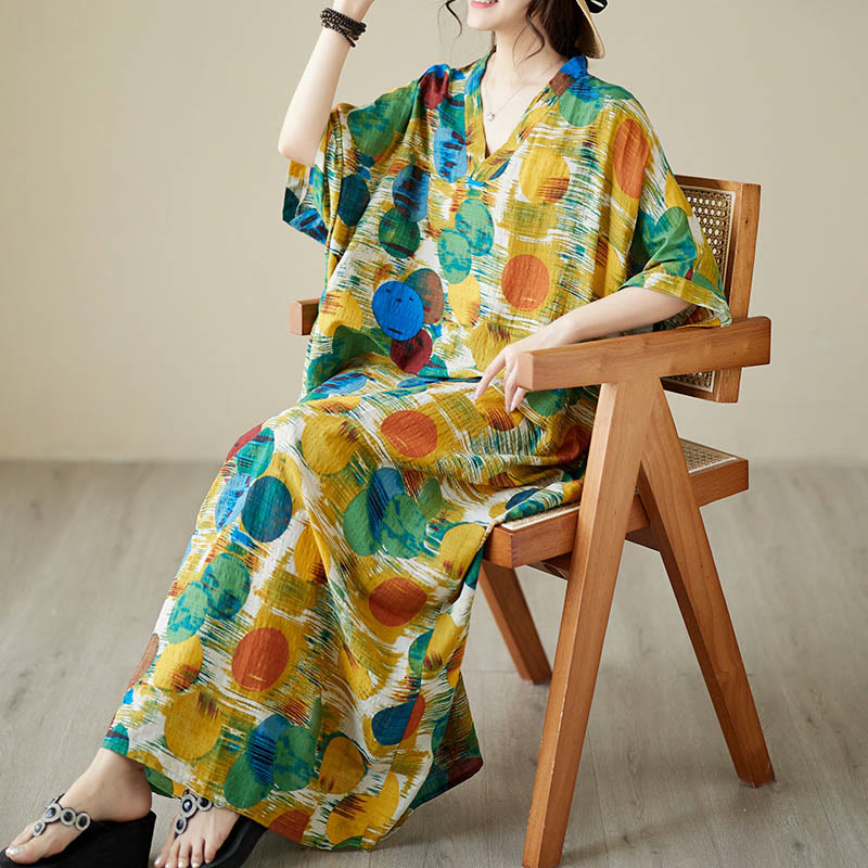 Nimara Ritual Orange Blue Colorful Polka Dots Midi Dress Cotton Half Sleeve Dress With Pockets