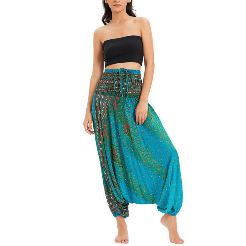 Nimara Ritual Two Style Wear Peacock Feather Loose Smocked Harem Trousers Jumpsuit High Waist Pants
