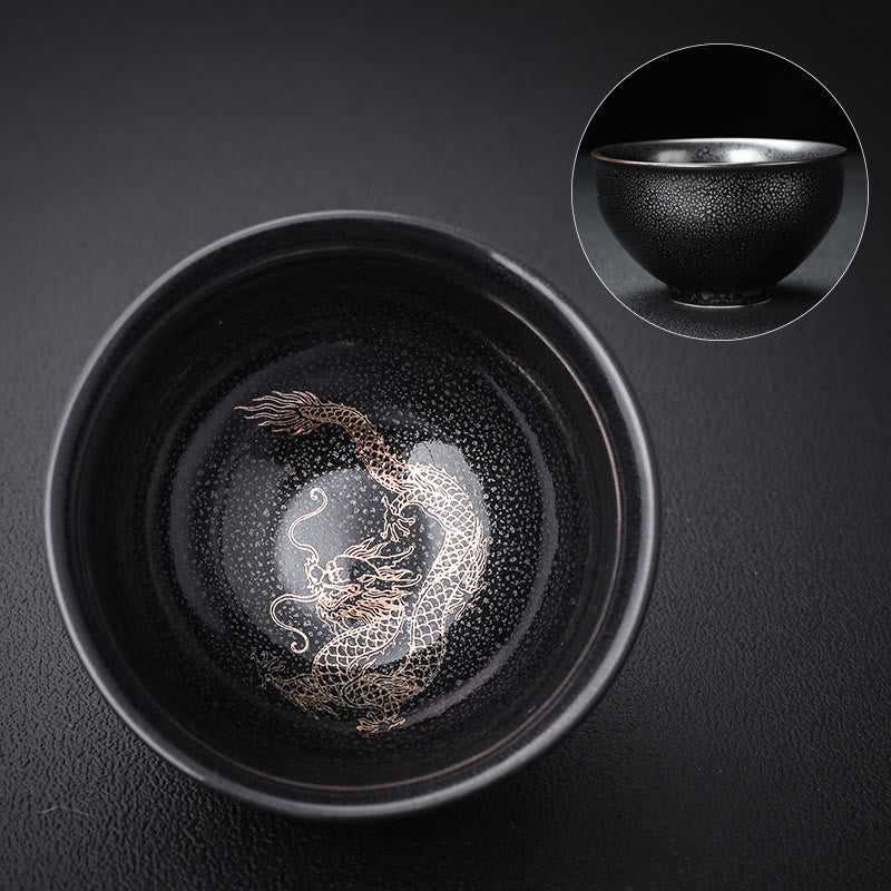Nimara Ritual Gold Leaf Chinese Jianzhan Dragon Phoenix Lotus Avalokitesvara Koi Fish Ceramic Teacup Tenmoku Kung Fu Tea Cup Bowl