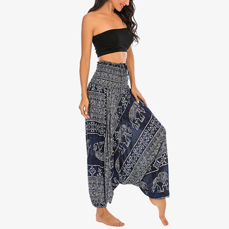Nimara Ritual Two Style Wear Elephant Pattern Loose Smocked Harem Trousers Jumpsuit Women's Yoga Pants