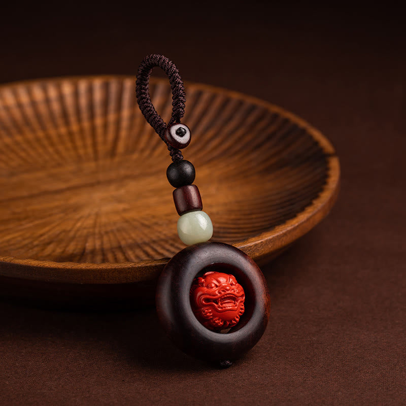 Nimara Ritual Tibet Om Mani Padme Hum PiXiu Copper Coin Small Leaf Red Sandalwood Cinnabar Protection Key Chain