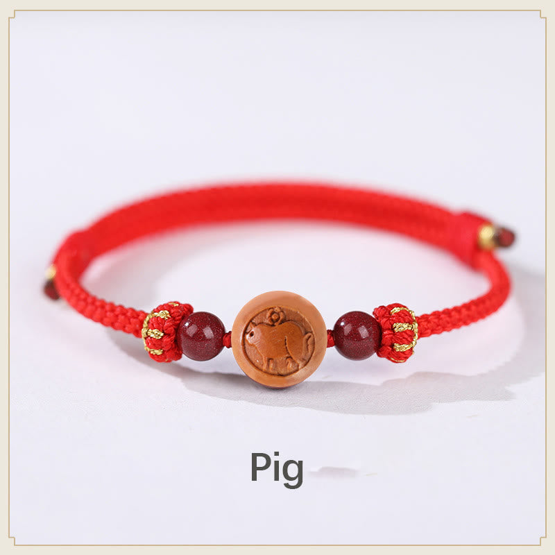 Nimara Ritual Natural Peach Wood Chinese Zodiac Fu Character Carved Cinnabar Wealth Bracelet