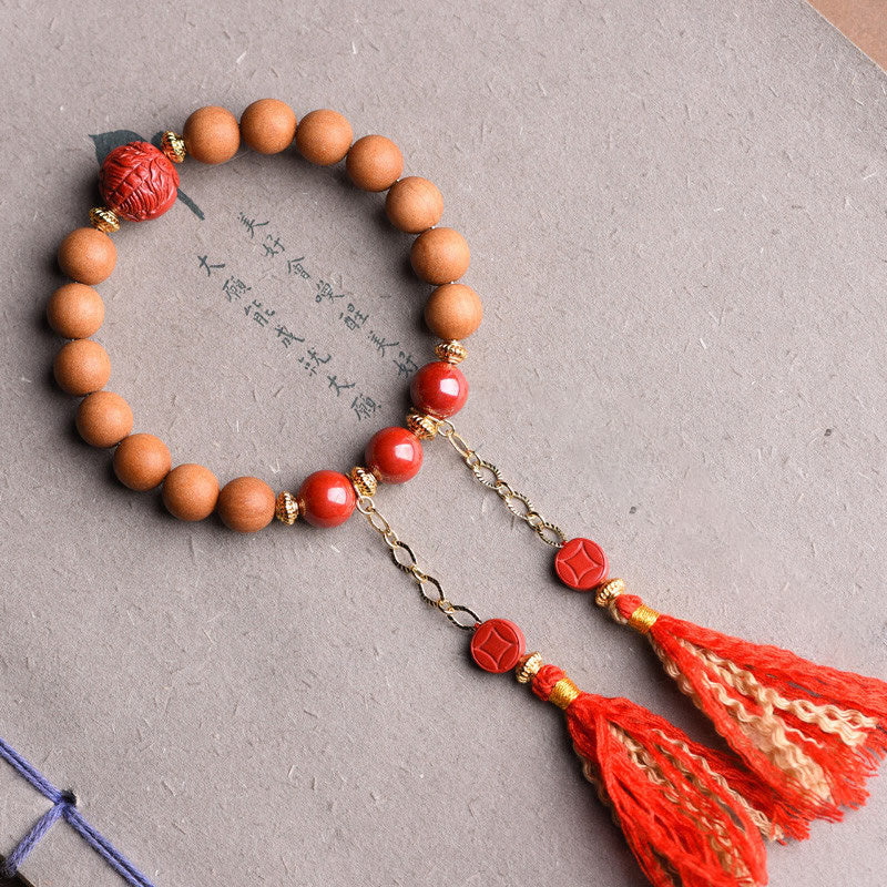 Nimara Ritual Tibetan Natural Peach Wood Cinnabar PiXiu Wealth Tassels Bracelet