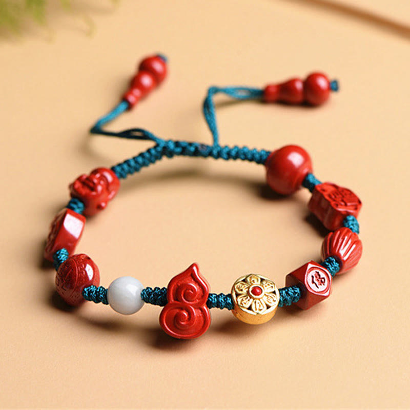 Nimara Ritual Natural Cinnabar Gourd Om Mani Padme Hum Laughing Buddha Blessing String Bracelet