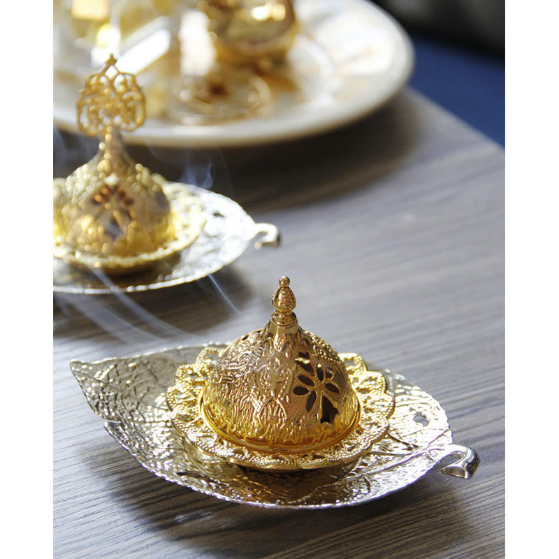 Nimara Ritual Tibetan Gold Mini Leaf Coaster Meditation Incense Burner