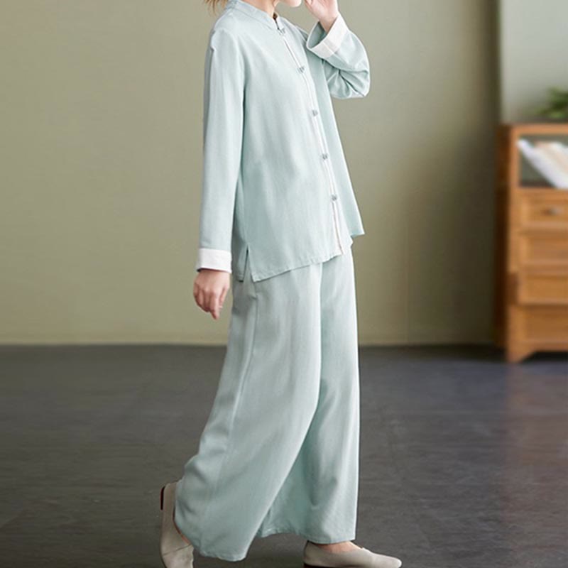 Nimara Ritual 2Pcs Tang Suit Long Sleeve Shirt Top Pants Meditation Zen Tai Chi Cotton Linen Clothing Women's Set
