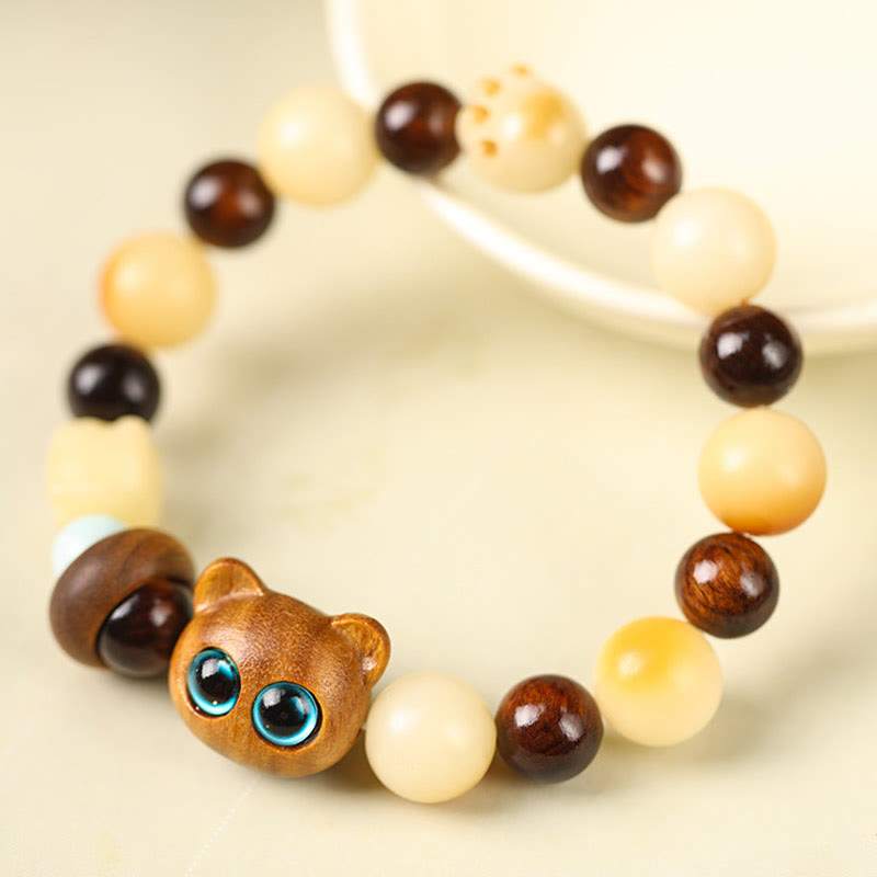 Nimara Ritual Natural Bodhi Seed Sandalwood Lucky Cute Cat Head Paw Claw Peace Bracelet