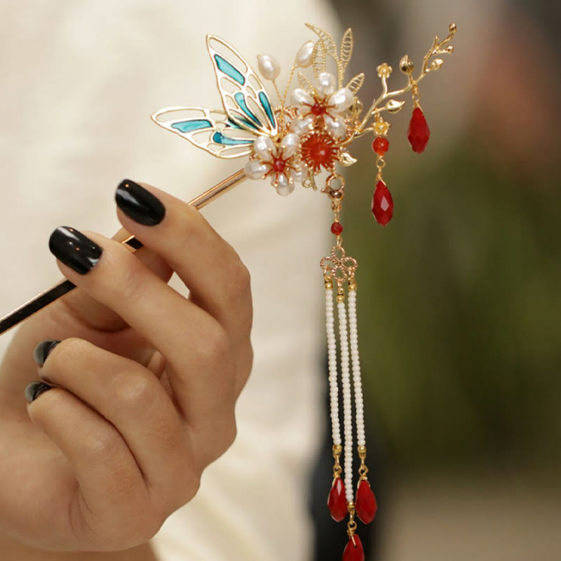 Nimara Ritual Classical Chinese Style Flower Branche Butterfly Pearl Tassel Hair Clip Hair Comb Hair Crown