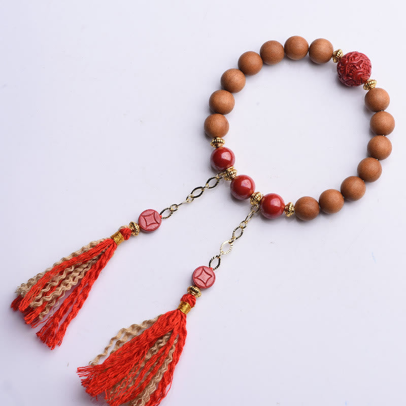Nimara Ritual Tibetan Natural Peach Wood Cinnabar PiXiu Wealth Tassels Bracelet