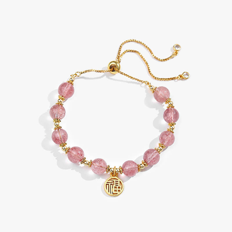 Nimara Ritual 14K Gold Plated Natural Strawberry Quartz Fu Character Positive Charm Bracelet