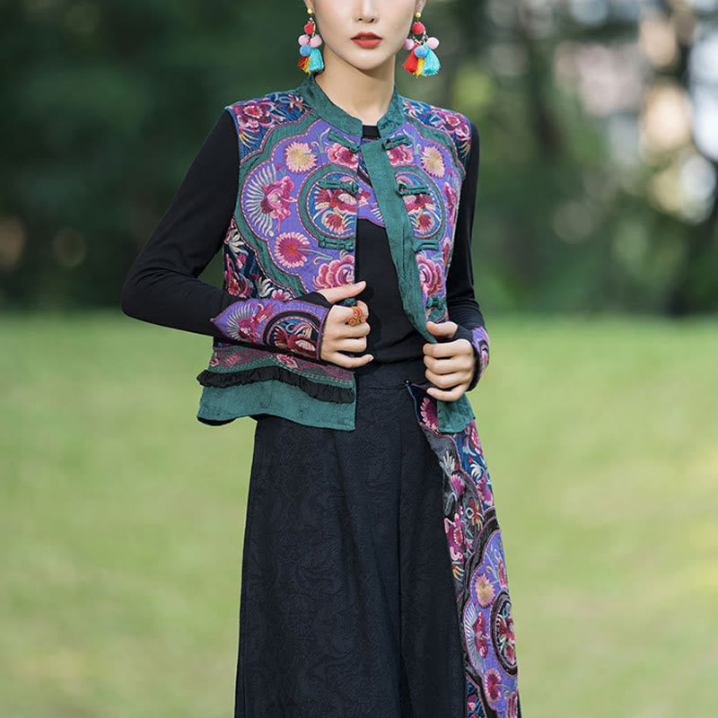 Nimara Ritual Frog-Button Embroidery Flowers Cotton Linen Tang Suit Design Sleeveless Vest