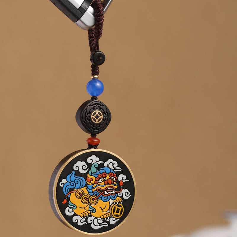 Nimara Ritual PiXiu Copper Coin Ebony Wood Luck Attract Wealth Key Chain Decoration