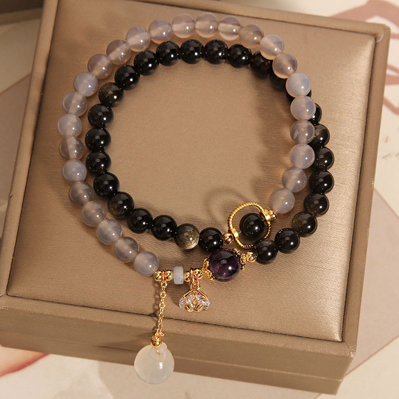 Nimara Ritual Gold Sheen Obsidian Gray Agate Lotus Charm Strengthen Double Wrap Bracelet