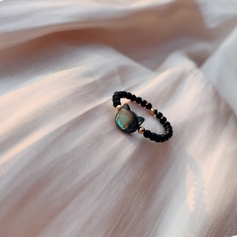 Nimara Ritual Natural Tridacna Stone Lovely Cat 14K Gold Plated Blessing Ring