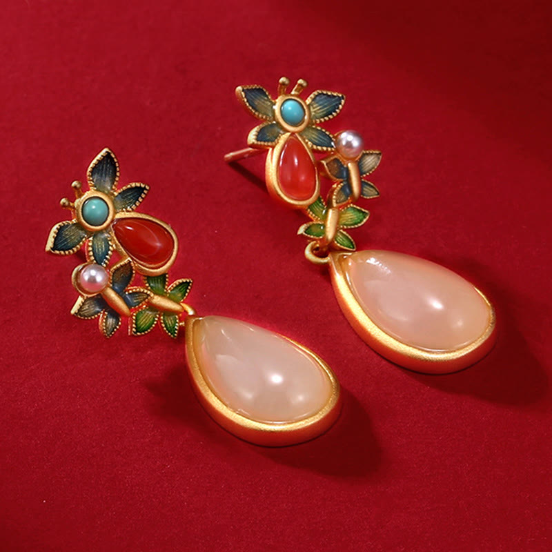 Nimara Ritual Water Drop White Jade Red Agate Butterfly Protection Drop Dangle Earrings
