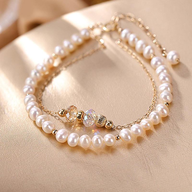 Nimara Ritual 925 Sterling Silver Plated 14k Gold Natural Pearl Crystal Healing Double Layer Bracelet