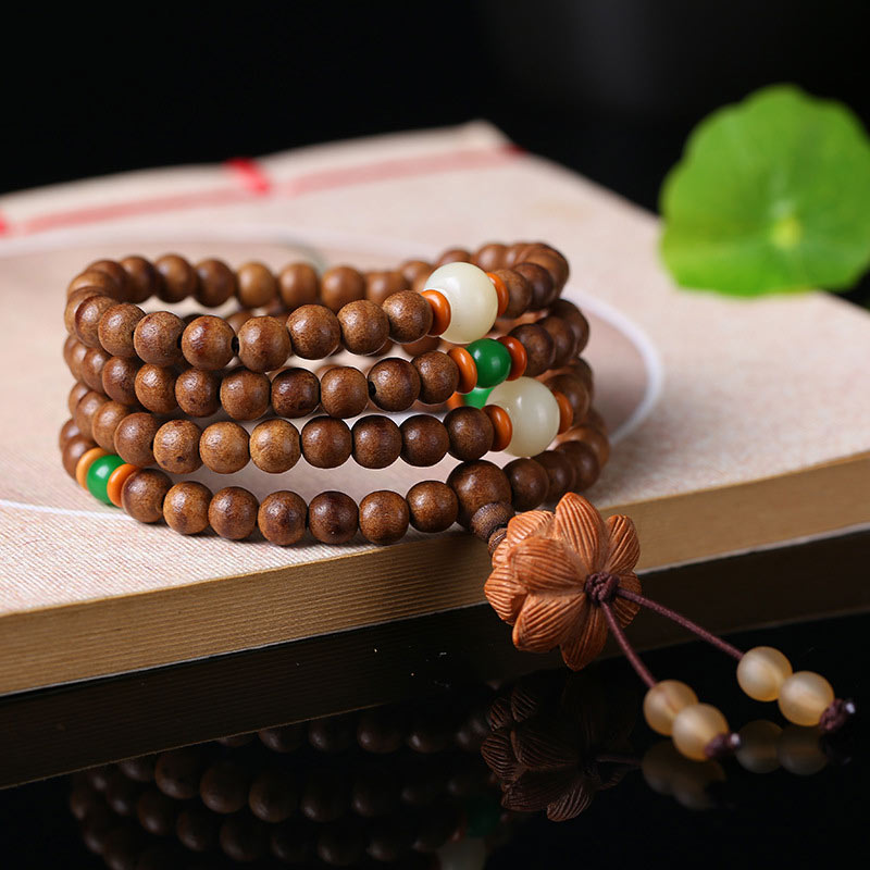 Nimara Ritual 108 Mala Beads Peach Wood Bodhi Seed Lotus Prayer Meditation Bracelet