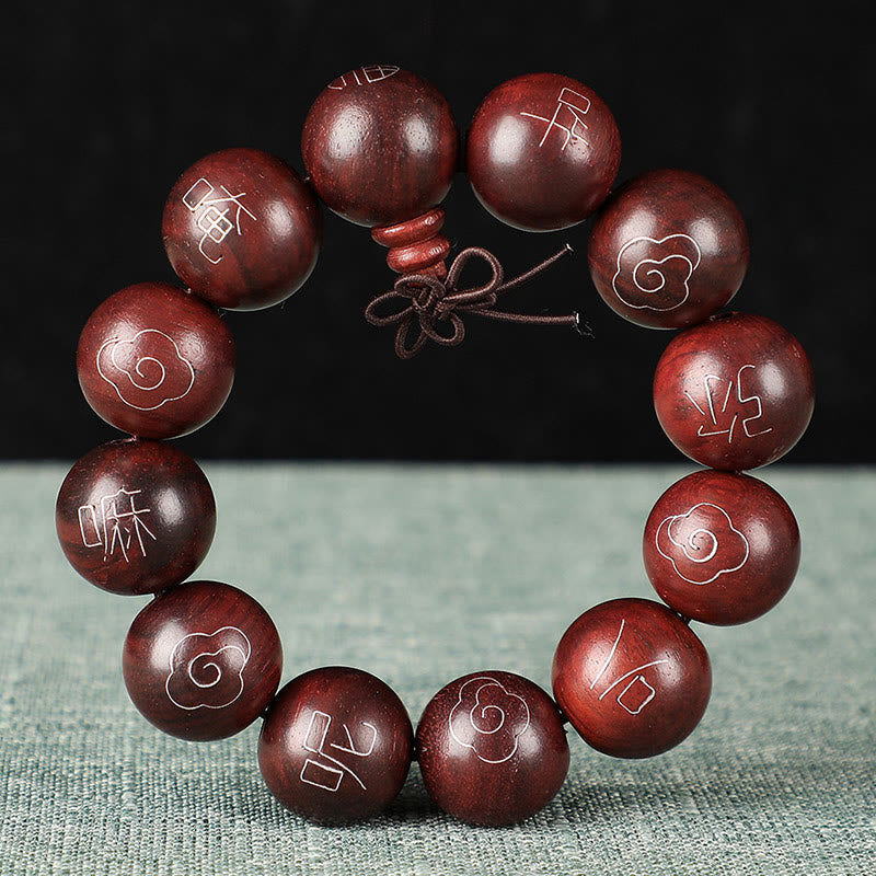 Nimara Ritual 925 Sterling Silver Inlaid Small Leaf Red Sandalwood Om Mani Padme Hum Character Auspicious Clouds Protection Bracelet