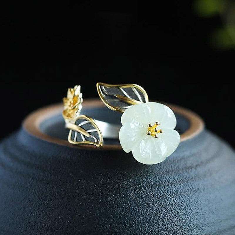 Nimara Ritual 925 Silver Plated Copper White Jade Plum Flower Leaf Luck Ring
