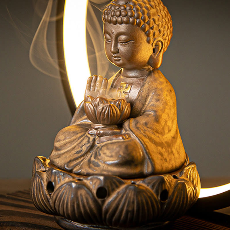 Nimara Ritual Buddha Lotus Backflow Smoke Fountain Ceramic Blessing Incense Burner With Light Decoration