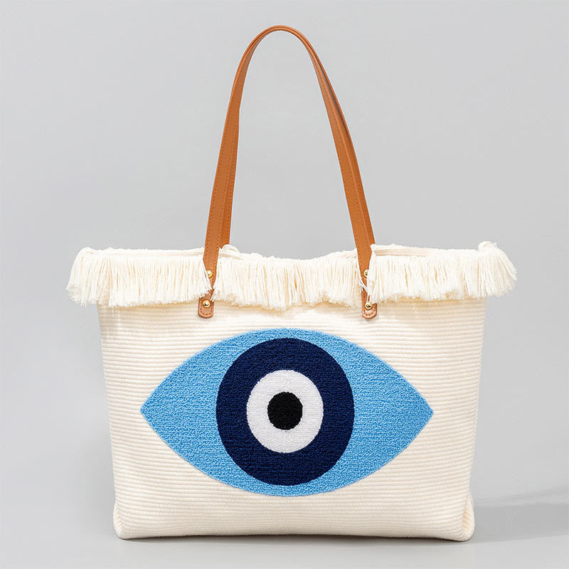 Nimara Ritual Large Capacity Evil Eye Leaf Hamsa Tassel Canvas Tote Shoulder Bag