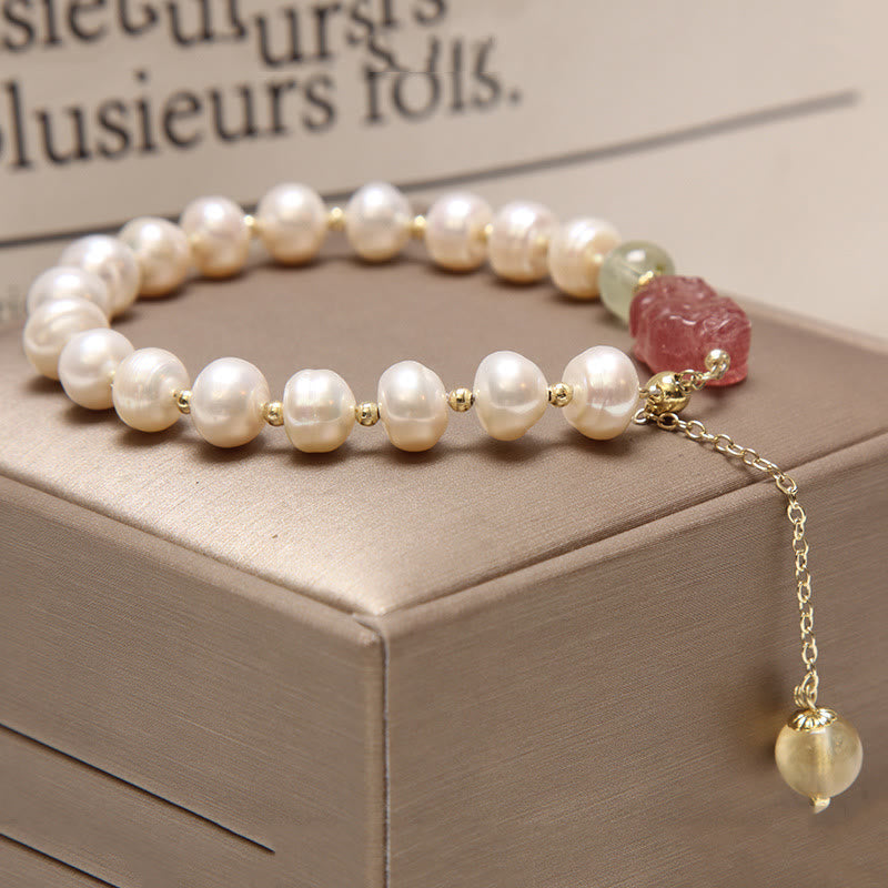 Nimara Ritual Natural Pearl Strawberry Quartz PiXiu Optimism Charm Bracelet