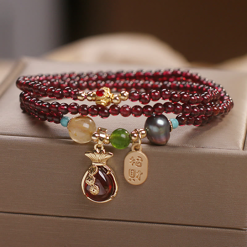 Nimara Ritual Multi Layered Natural Garnet Jade Coin Money Bag Attracting Wealth Protection Bracelet