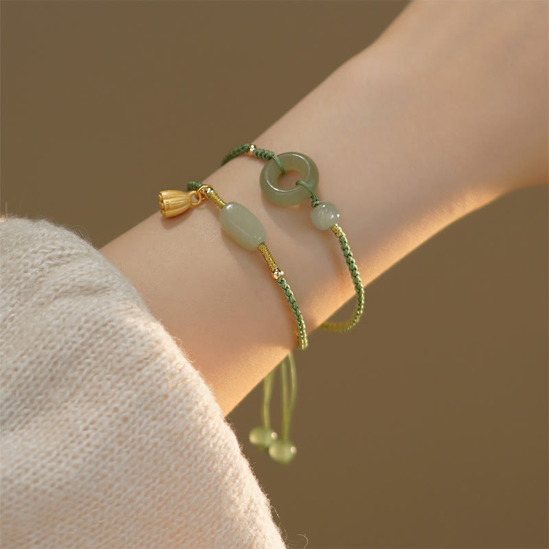Nimara Ritual Lotus Jade Peace Buckle Bead Luck Happiness Charm String Bracelet
