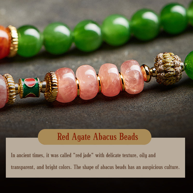 Nimara Ritual 108 Mala Beads Cyan Jade Red Agate Laughing Buddha Luck Bracelet