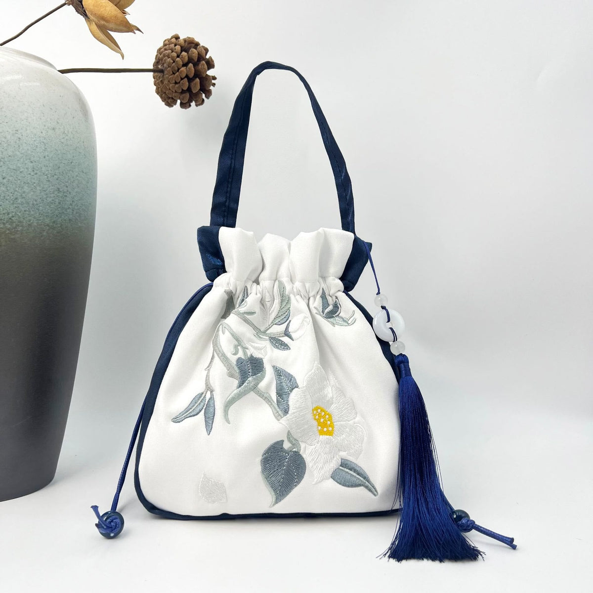 Nimara Ritual Embroidered Lotus Koi Fish Crane Camellia Cotton Linen Tote Crossbody Bag Shoulder Bag Handbag