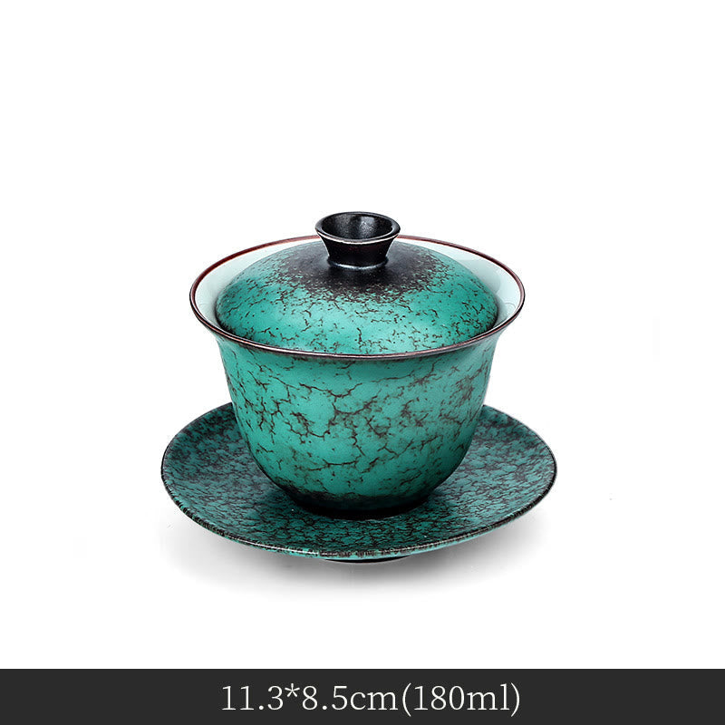 Nimara Ritual Retro Green Glaze Ceramic Gaiwan Sancai Teacup Kung Fu Tea Cup And Saucer With Lid