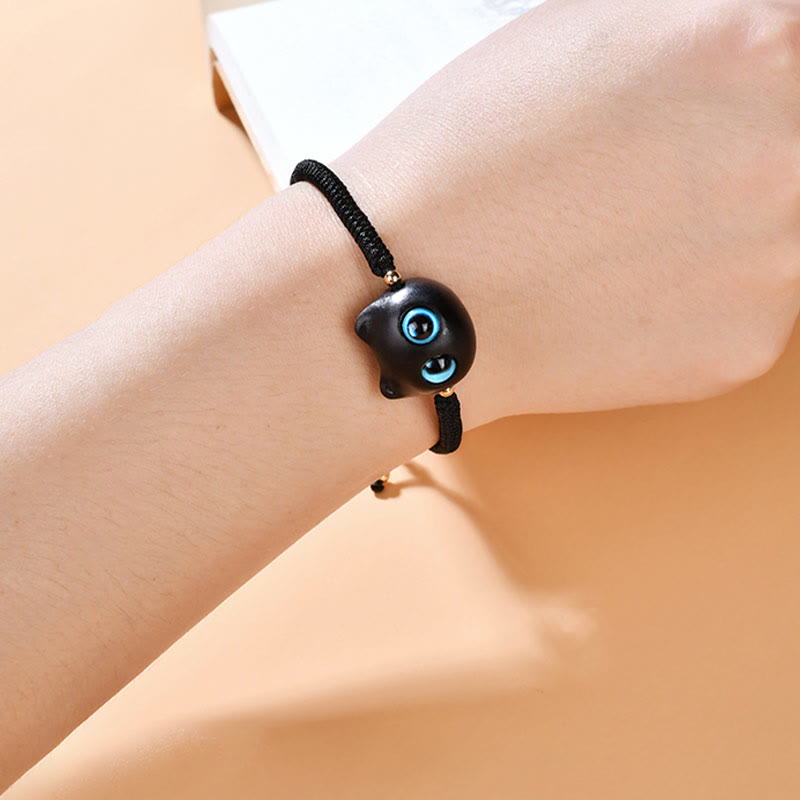 Nimara Ritual Ebony Wood Cat Head Pattern Peace King Kong Knot Braided Bracelet
